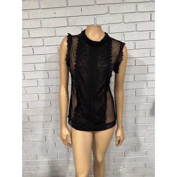 Tops - Womens Black Lace Sheer‎ Mock Neck Sleeveless Top Dark Academia Fairy Grunge